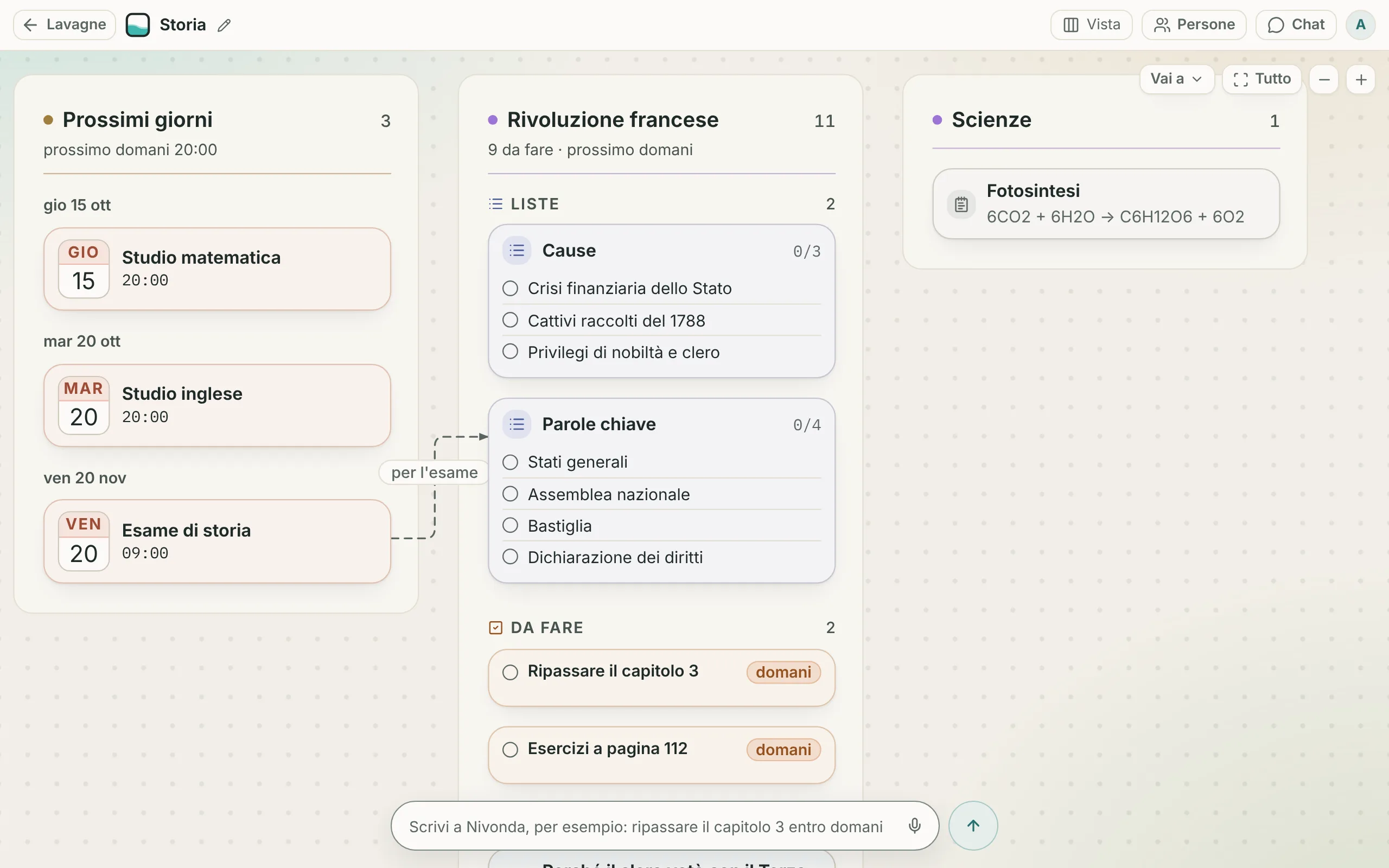 La lavagna «Storia» sul computer, nella vista Colonne: a sinistra i prossimi giorni con lo studio di matematica e di inglese e l’esame di storia del 20 novembre, al centro la zona Rivoluzione francese con le cause e le cose da ripassare, a destra la zona Scienze.
