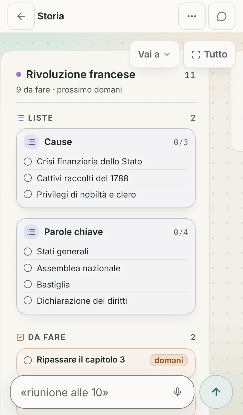 La lavagna «Storia» sul telefono, nella vista Colonne: la zona Rivoluzione francese con la lista delle cause, le parole chiave e il primo compito, «Ripassare il capitolo 3».