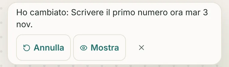 La striscia «Fatto»: «Ho cambiato: Scrivere il primo numero ora mar 3 nov.», con i pulsanti Annulla e Mostra.