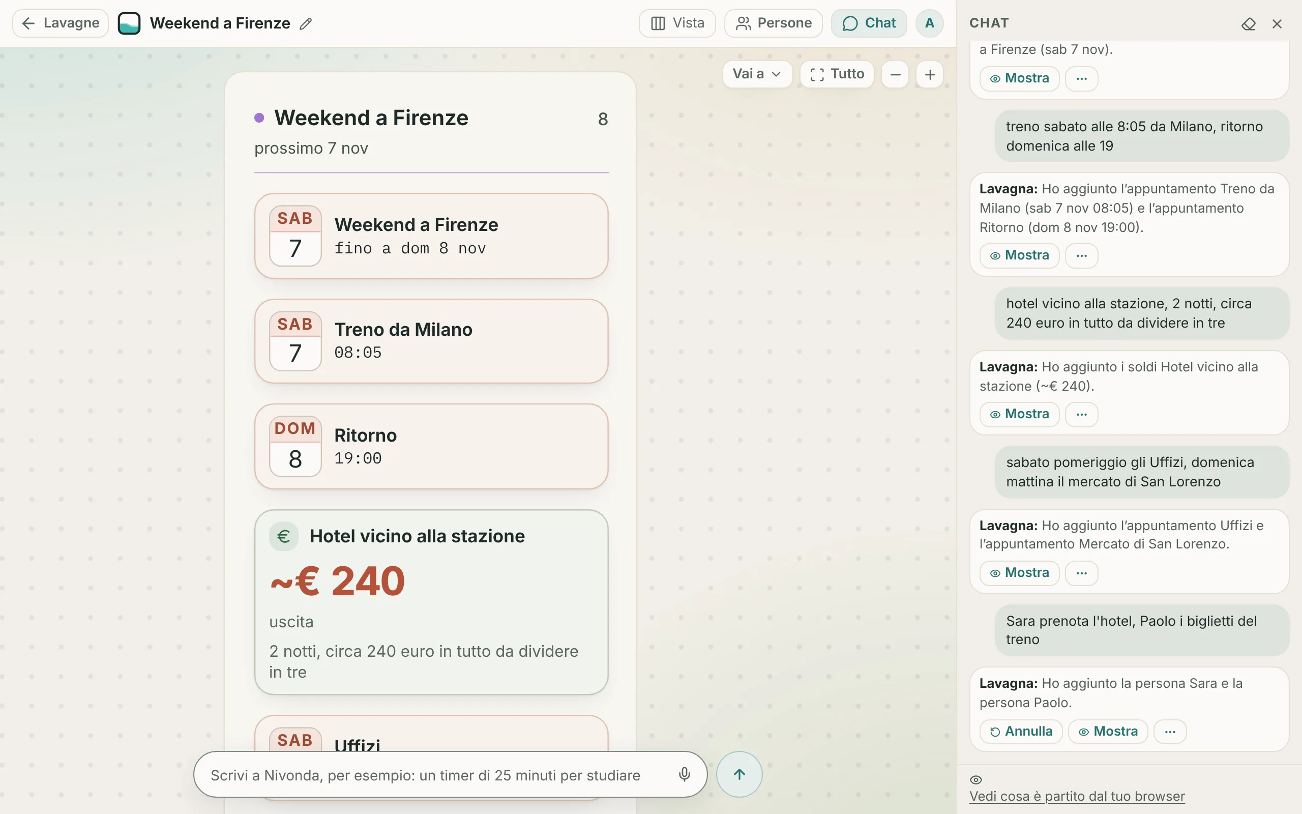 La lavagna «Weekend a Firenze» sul computer, con la chat aperta a destra: le frasi e le ricevute di Nivonda, fino a Sara e Paolo con il loro compito.
